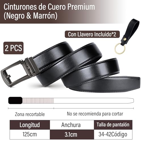 LEMONSEA Cinturones Hombre, 2 Piezas Cinturón Hombre Cuero, Cinto Hombre con Hebilla Automática Ajustable, Cinturones Hombre Piel para Traje, Estilo Casual y Vaqueros, con 2 Llavero (Negro & Marrón)