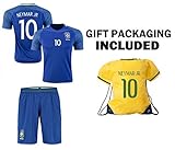 JerzeHero Brazil Neymar Jr #10 Kids Youth Soccer Gift Set ✓ Soccer Jersey ✓ Shorts ✓ Drawstring Bag ✓ Home or Away ✓ Short Sleeve or Long Sleeve (YM 8-10 yrs, Away Short Sleeve)