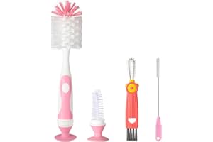 Ariseno 4-in-1 Baby Bottle Brush Set, Bottle Brush for Baby, Bottle Cleaner Brush Set, Including Nylon Bottle Brush, Bottle Cap Brush, Straw Brush, Nipple Brush, BPA-Free (Pink)