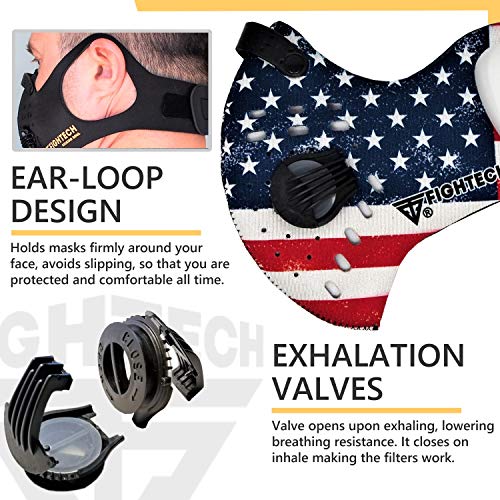 FIGHTECH Dust Mask | Mouth Mask Respirator with 4 Carbon Filters for Pollution Pollen Allergy Woodworking Mowing Running | Washable and Reusable Neoprene Half Face Mask (L/USA)