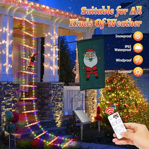 2023 Newest Outdoor Christmas Decorations, 10ft Solar Christmas Ladder Lights with Santa Claus & Top Star, 8 Modes Colorful Waterproof Christmas Decorations Outside Window Wall Roof Xmas Tree Decor
