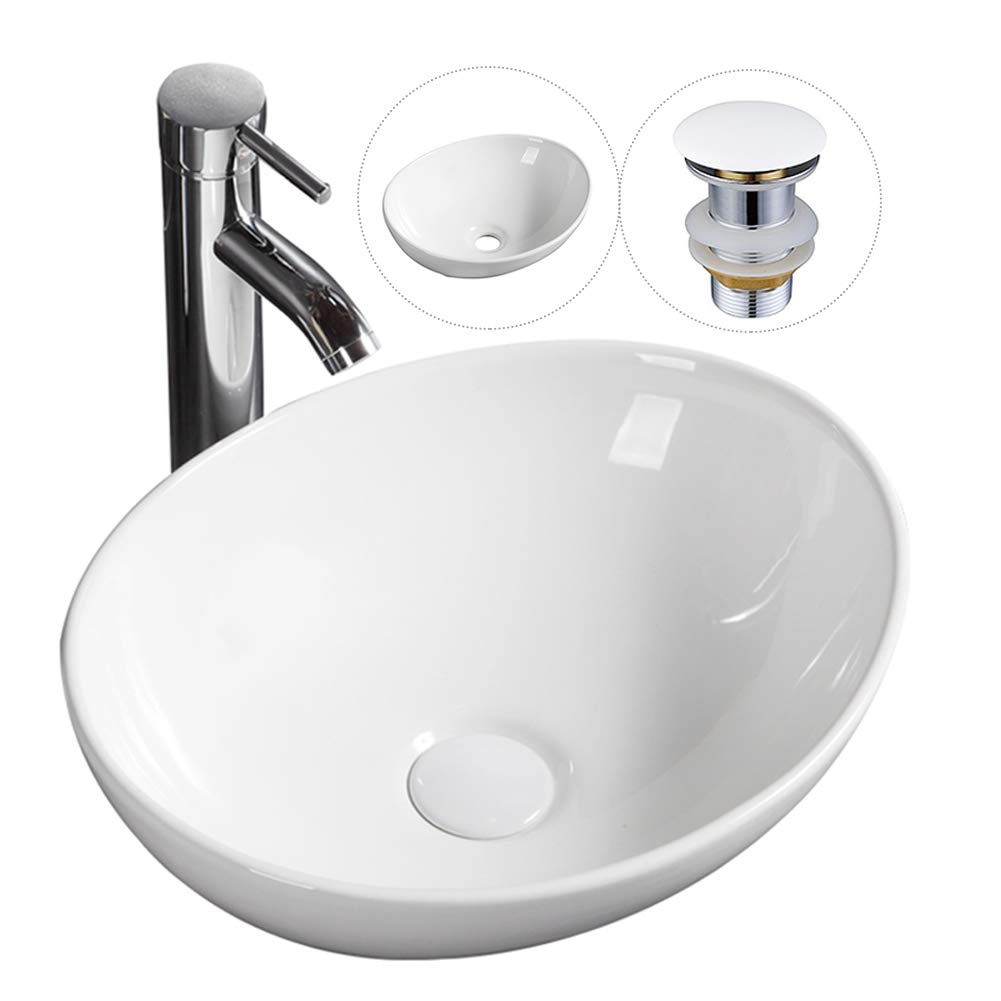 Modern Oval Bathroom Sink Countertop Basin Sink Bathroom Ceramic Vessel Washbasin with Pop Up Waste 400 x 330 x 145mm