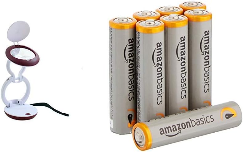 daylightCompany Compact, Foldable Magnifying Light, White/Red & Amazon Basics AAA Performance Alkaline Batteries [Pack of 8] - Packaging May Vary