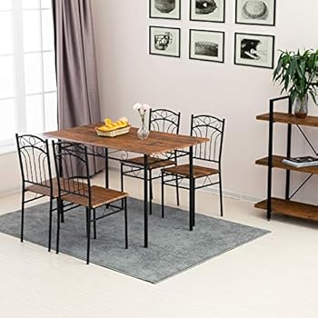 mecor 5 Piece Dining Table Set, Vintage Wood Tabletop Kitchen Table w/ 4 Chairs with Metal Frame (Light Brown)