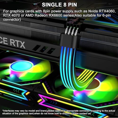 RGB PCIe Extension Cable with 8-Pin, ARGB GPU Power Cable with Addressable LEDs, 5V 3-Pin Connector for RTX 3060/4060/4070 & RX 6600/580, PC Case Lighting Accessory(Black, 34.5cm Length)
