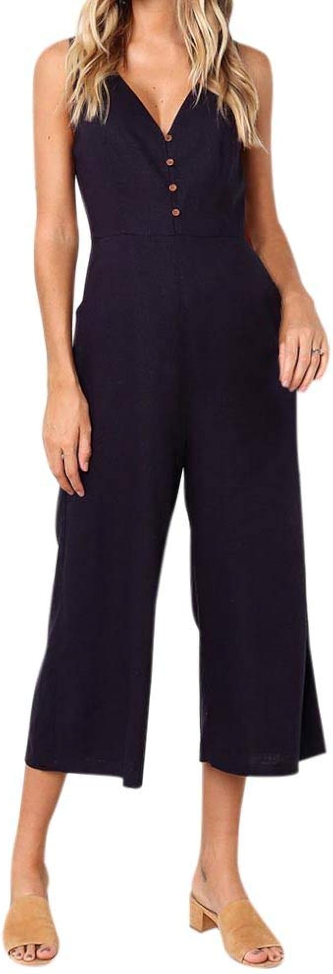 Hotiary Women's Summer Fashion Jumpsuit Button Open Back Jumpsuit Zippered Pocket VNeck Women's
