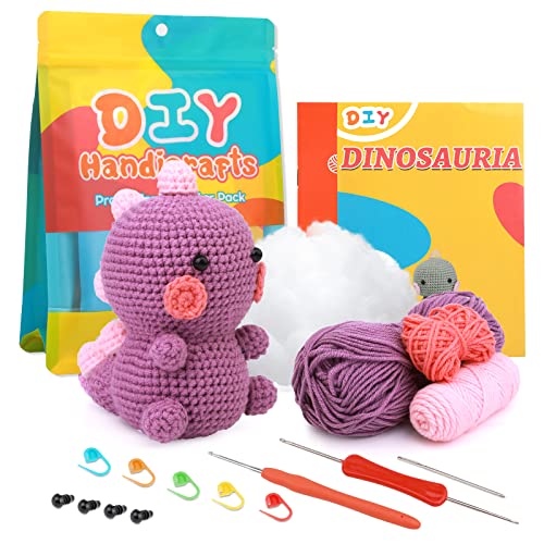 ZMAAGG Beginners Crochet Kit, Crochet Animal Kit, Knitting Kit with Yarn, Polyester Fiber, Step-by-Step Instructions Video, Crochet Starter Kit for Beginner DIY Craft (Purple Dinosaur)