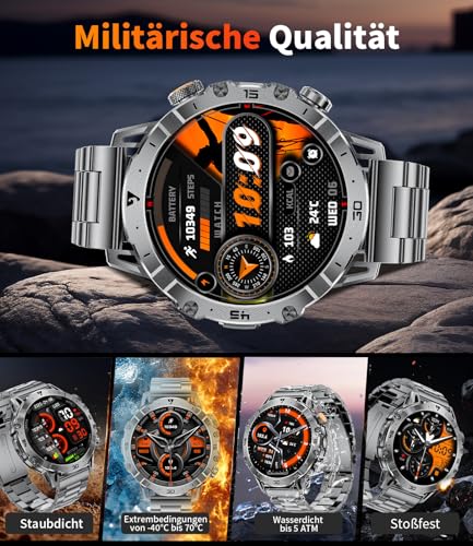 LIGE Men's Military Smartwatch 1000 mAh Large Battery, 1.7 Inch HD Large Display with Phone Function, LED Torch Fitness Watch with 110+ Sports Modes, Heart/Sleep Tracking, IP68 Sports Watch iOS