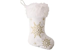 Comfy Hour Let It Snow Collection 18"x11" Christmas Winter Snowflake Stocking, Soft Plush Velvet Snowflake Embroidery Stocking, White and Gold, Polyester