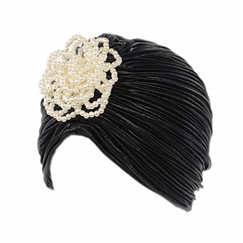 Qhome Luxury Women Shimmering Wrinkle Turban Artificial Pearl Flower Hijab Cap Head Wrap