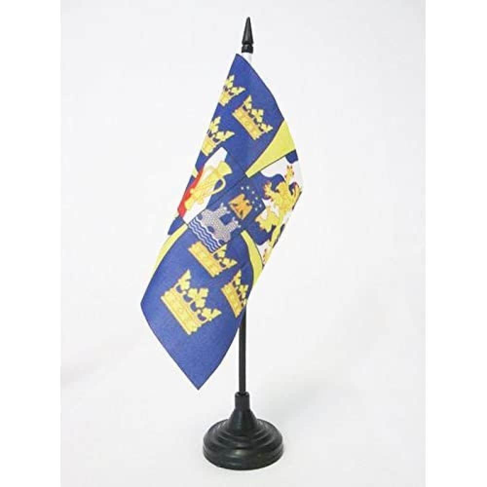 AZ FLAG Royal Standard of Sweden Table Flag 5'' x 5'' - Swedish Kingdom Office Decoration 100% Polyester 15 x 15 cm - Mini Desk Flag with Pole and Black Plastic Base