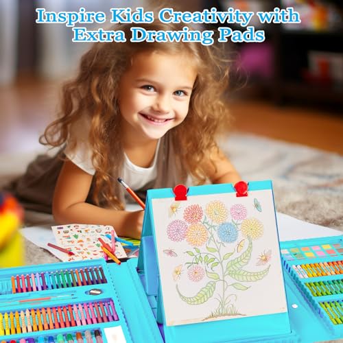 KINSPORY Art Supplies, 290 Pack Art Sets Crafts Drawing Coloring kit, Double-Side Trifold Easel, Oil Pastels, Crayons, Colored Pencils, Creative Gift for Beginners Artists Girls Boys Kids (Blue)