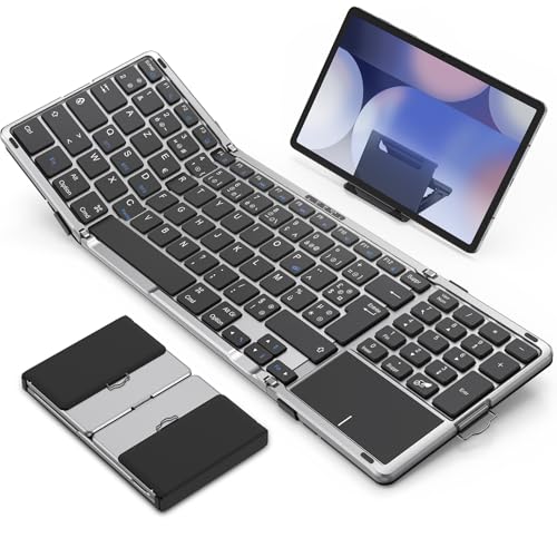 OMOTON Clavier sans Fil Pliable avec Pavé Tactile et Pavé Numérique, Clavier Bluetooth AZERTY Rechargeable, Multi-appareils, Portable Keyboard pour PC Tablette iPad Windows Mac Android