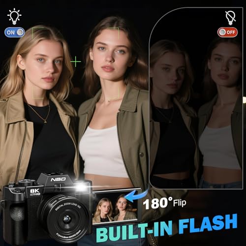 NBD 8K 64MP Digital Camera with Autofocus & 16X Zoom, Wi-Fi & App Control, Anti-Shake, 180° Flip Screen, Webcam Function, Includes Macro & Wide-Angle Lenses, 64GB TF Card & 2 Batteries (Black)