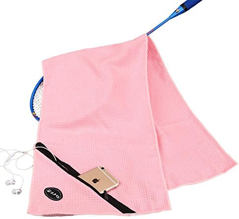 WINHI Gym Towel with Zipper Pocket Holds Keys or Card, Microfiber Absorbent Lightweight Sports Towel, Fast Drying Compact Towel for Running Golf Bath Swimming Camping Gym Workout Outdoor - Pink