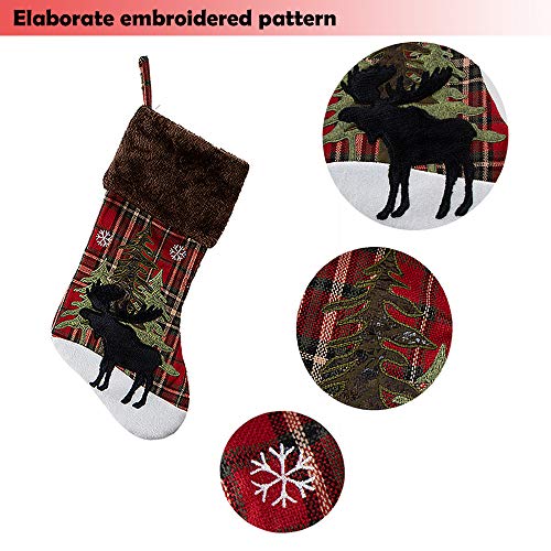 GMOEGEFT Farmhouse Christmas Stocking, Red and Black Buffalo Plaid, Black Moose in Snowfield Pattern Xmas Socks, Holiday Party Decorations Fireplace Hanging Ornaments