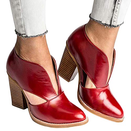 LAICIGO Women Cut Out Ankle Boots Stacked Mid Heel Hollow Out Leather