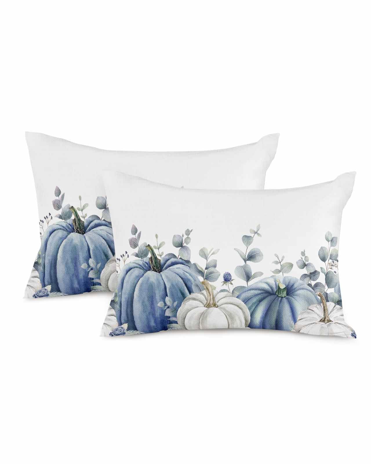 Photo 1 of Fall Throw Pillow Covers 20x12 Set of 2 Blue Pumpkin Decorative Pillows Cushion Case Lumbar Pillowcases White Pumpkins Green Leaves Thanksgiving Throw Pillows for Couch Sofa Bedroom Car Home Decor