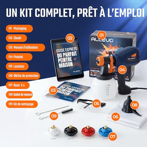ALLEVO 800W Paint Sprayer – Electric Paint Sprayer 1300 ml, 4 Nozzles, Electric Sprayer, Hand Sprayer, Paint Sprayers, Accessories, Walls, Furniture, Ceiling