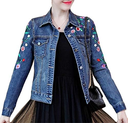 HTOOHTOOH Womens Trucker Single Breasted Denim Slim Fit Casual Embroidered Jackets