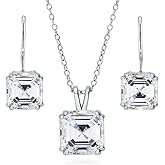 BERRICLE Sterling Silver Solitaire Asscher Cut Cubic Zirconia CZ Fashion Necklace and Earrings Set for Women, Rhodium Plated