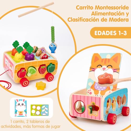 hahaland Montessori Toys 1 Year of Wood, 5 in 1 Educational Activities | Shape Sorting, Magnetic Fishing & Feeding Set, Carrot Harvest, Baby Gift 1-3 Years