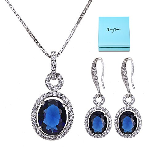 Womens Crystal Sapphire Jewelry Set - 14k White Gold Plated Elegant Bridal CZ Cubic Zirconia Birthstone Earrings and Pendant Necklace Set for Bridesmaids Birthday Gifts - Thumbnail 7
