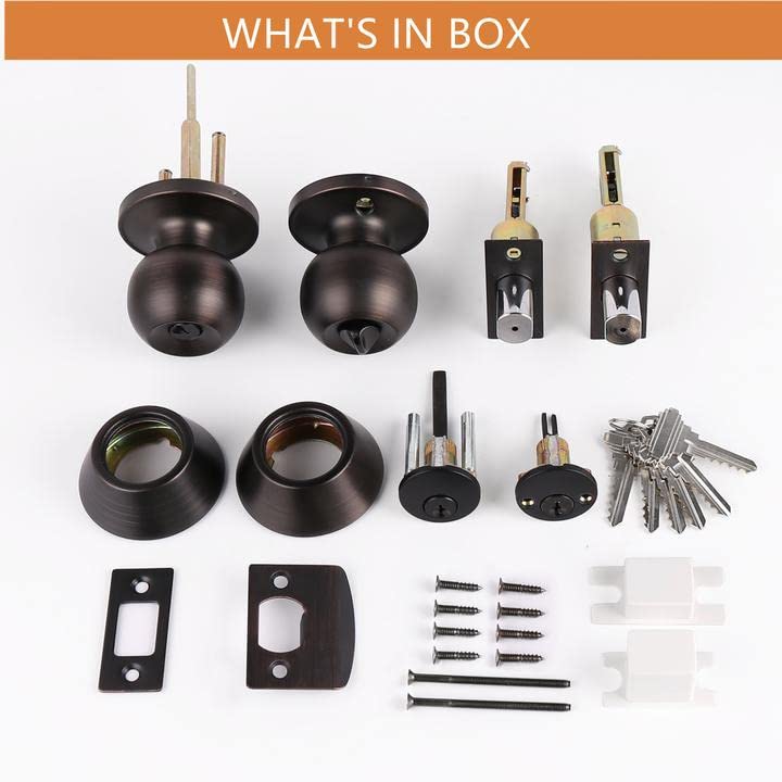 Probrico 6 Pack Entry Door Knob with Double Cylinder Deadbolt Set Oil