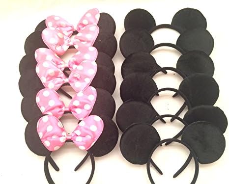 Mickey Mouse Ears Solid Black and Pink Polka Dot Bow Minnie Headband for Boys and Girls Birthday Party or Celebrations (Pack of 12)