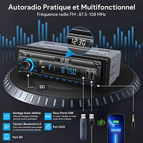 RDS Bluetooth 5.0 Car Radio with LCD Clock Display, 7 Colours Lighting, 4 x 65 W Car Radio 1 Din for 9-24 V Car, Supports Handsfree/FM/AM/2 USB/AUX/SD/TF/MP3
