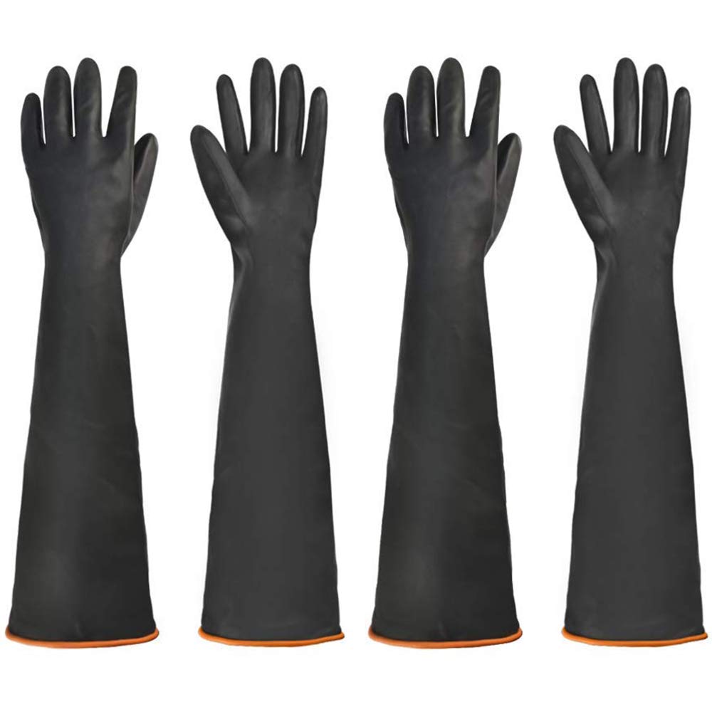 LINGHUANG Chemical Resistant Industrial Rubber Protective Gauntlets Gloves Resist Strong Acid 21.65inch,L Size,Black with Orange Lining (2 Pairs)