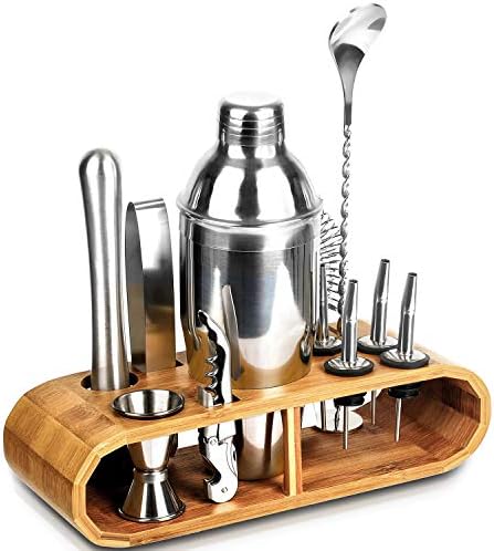 Cocktail Shaker Set Stainless Steel, 12-Piece Bartender Kit with Stylish Bamboo stand, Perfect Home Bartender kit and Cocktail Shaker Set For an Awesome Drinking Experience, Best Gift Choice.
