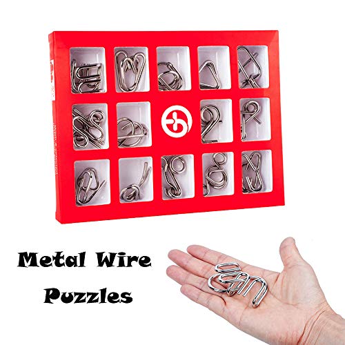 Livoty 15Pcs Metal Wire Puzzles Brain Teaser Metal Wire Puzzles Educational Toy Stress Reliever Gift for Kids Adult (Red)