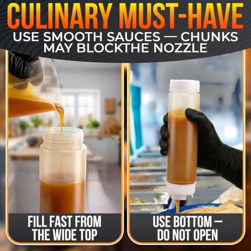 Set of 6 Inverted Condiment Squeeze Bottles 16 oz – Upgraded Design with Added Sealing Gaskets, Self-Closing Valve, Easy-to-Fill Clear Bottles for Sauces, Dressings, Ketchup, Mustard for Everyday Use