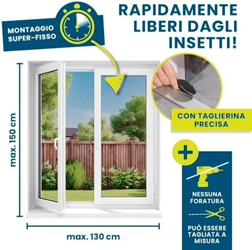 Zanzariera con innovativo fissaggio magnetico | Zanzariera tagliabile individualmente fino a 150 x 130 cm, senza forare o avvitare | fissaggio della zanzariera con 16 magneti [nero]