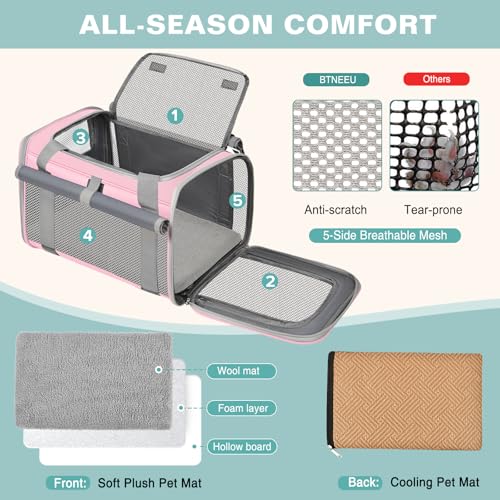 BTNEEU Foldable Cat Carrier Carrier Small Dog Carrier Airline Approved Breathable Carrier Bag with Inner Strap, Washable Soft Cushion and Adjustable Shoulder Strap (Pink)