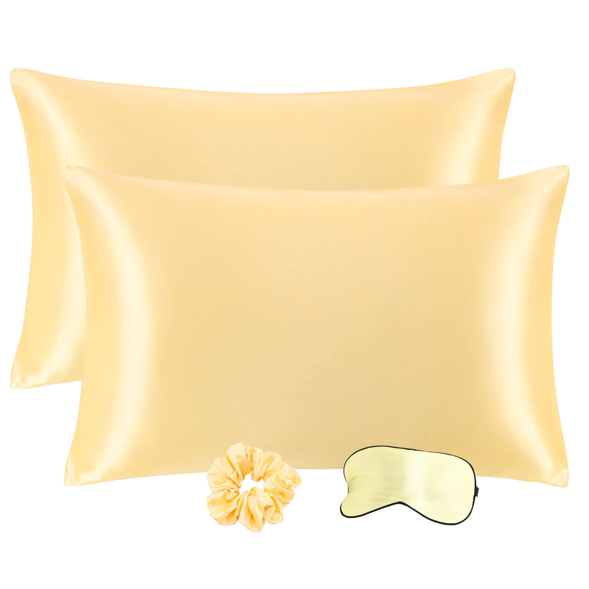 PiccoCasa Satin Pillowcases for Hair and Skin with Eye Mask and Scrunchie Soft Pillowcase 2 Pack Zipper Closure Silky Bed Pillow Covers Set for Sleeping Gold 50 x 65cm