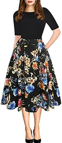 oxiuly Women's Vintage Patchwork Pockets Puffy Swing Casual Party Dress OX165 1 oxiuly Women's Vintage Patchwork Pockets Puffy Swing Casual Party Dress OX165