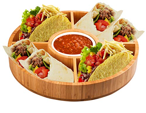 Strova 15 Inch Wood Bamboo Chip and Dip Serving Platter Set w/Ceramic Dip Bowl | Round & Large Appetizer Server for Event Use | Salsa, Taco Chip, Guacamole, Vegetable, Snacks, and Cheese Serving Tray - Thumbnail 5