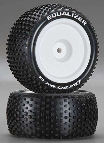 Duratrax Equalizer 1:10 Scale RC 4WD Buggy Tires with Foam Inserts, C3 Super Soft Compound, Mounted on Rear White Wheels, Fits Kyosho and Losi buggies (Set of 2)