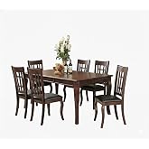 CARTESIAN 7-Piece Dining Set with Rectangular Table, 78-Inch Cherry Wood Table with Leaf, 6 Grid-Back Chairs, Black Padded Seats, Transitional Style