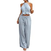SweatyRocks Women's 2 Piece Summer Outfits Tie Backless Halter Peplum Top and Pants Matching Set