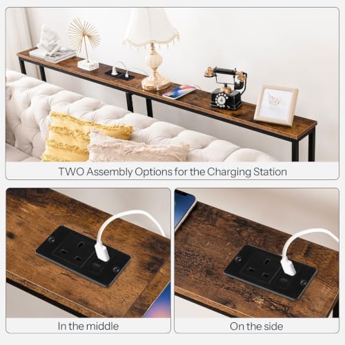 HOOBRO Extra Narrow Console Table with Power Outlets, Skinny Entryway Table for Living Room, 160 cm Slim Behind Couch Table, Thin Sofa Table for Hallway, Foyer, Rustic Brown and Black EBF165KXG01