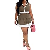 Ophestin Women 2 Piece Outfits Colorblock Workout Tennis Skirt Sets Zipper Crop Top Pleated Mini Dress Going Out Party