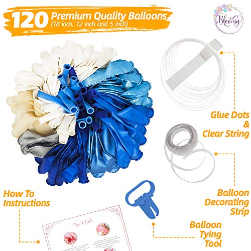 Bloonsy Blue Balloon Garland Kit | Balloon Arch Kit with Blue and White Balloons | 120 Pack | Silver Confetti, Navy Blue, Royal Blue Balloons | Blue and Silver Party Decorations