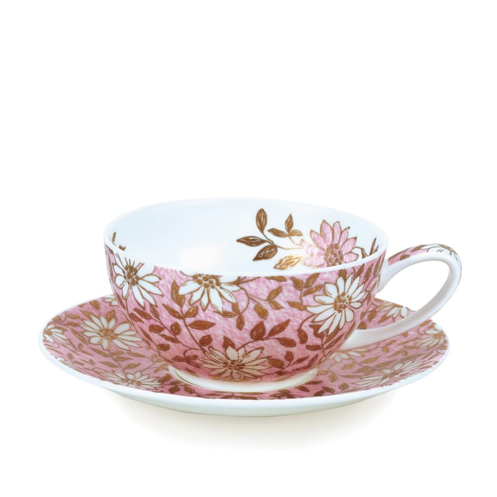 Dunoon Nuovo Pink Teacup and Saucer with Gold Detailing