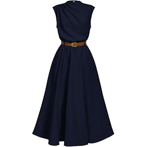 OYOANGLE Women's Mock Neck Ruched Belted Dress Cinched Waist A Line Dress | Mock Neck, Ruched, Belted, Button, Elegant, Flare