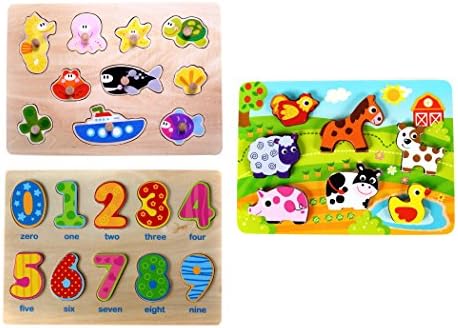 Classic Puzzle Pack of 3 (Numbers, Ocean &amp; Barnyard Farm Animals) for Toddlers, Preschool Age w/ Colorful Solid Wood Chunky &amp; Peg Pieces. Simple Educational &amp; Sensory Learning for 1, 2 &amp; 3 Year Olds