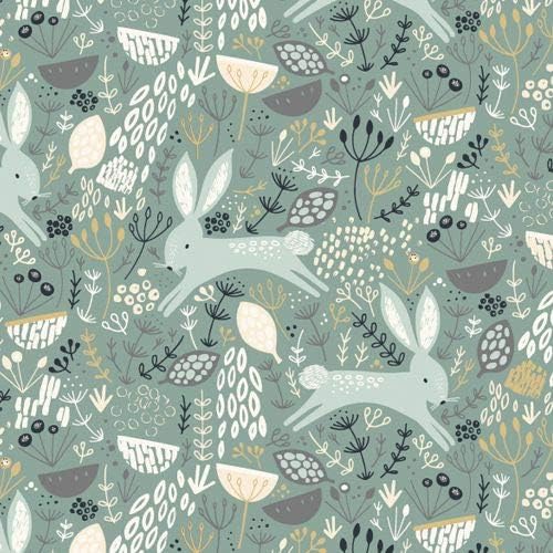 Dashwood Studio Dovestone - Rabbits Floral on Grey/Blue - 100% Cotton Fabric - 50cm x 110cm Wide (half a mtr)