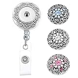 Souarts Retractable Badge Reel Clip On Card Holder with 3pcs Round Flower DIY Snaps Buttons Charms